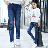 九虞氏儿童牛仔裤春秋长裤女童裤子中大童女孩修身单裤学生休闲小脚裤 蓝色 170