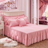 欧苏缦新款全棉韩版蕾丝纯棉床裙单件加厚夹棉床罩床笠带裙边高档床盖 高端绣花-粉色夹棉 150*200cm床裙