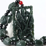 和田玉盘龙关公吊坠青玉男款武财神玉坠 霸气镂空玉牌双面工艺A货青玉珠子十八罗汉项链 附证书 配十八罗汉项链青玉