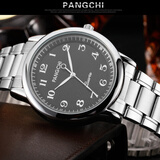 鹏志手表女士进口机芯石英表大数字精准走时中老年人全钢带防水男表 钢带黑盘(男款)