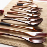 和风四季 实木日式餐具调羹长柄勺汤匙汤勺小木勺用饭店创意手工木勺汤勺 H款棕线木叉(17.5*3.3cm)单个