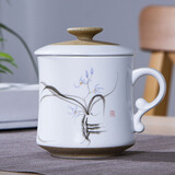 九楼阁 景德镇亚光陶瓷手绘茶杯 有手柄 带过滤男 女办公杯带盖380ml 兰花 带礼盒