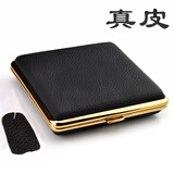 顶辉网红20支装真皮烟盒 棕色荔枝纹香菸盒不锈钢真皮加长女细支烟盒20支超薄防潮抗压便携 黑色金边（粗支款）