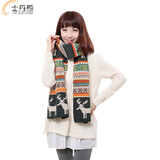 士丹熊围巾 韩版时尚围脖秋冬季新款男女学生毛线针织双面小鹿情侣加厚保暖围巾 黑白色