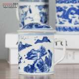 荣窑坊（Rong yao fang） 景德镇陶瓷青花茶杯马克杯瓷杯老板杯带盖老式复古怀旧茶水杯 山水人家