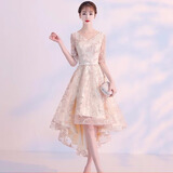 麦斯贝思伴娘礼服春新款韩版前短后长款小礼服女宴会聚会晚礼服大合唱团 香槟色 L
