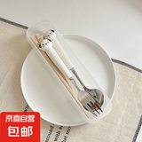可爱小狗不锈钢筷子叉子勺子套装学生一人用便携吃饭调羹餐具家用 勺子+叉子+木筷子（透明盒）