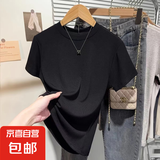 2025夏季短袖t恤女大码女装冰丝螺纹圆领新款高级感内搭打底衫女 【黑色】螺纹冰丝款 L