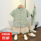 儿童装汉服2025新款唐装夏季宝宝男童夏款古装男孩中国风古装套装 枫叶龙套装豆绿色 120
