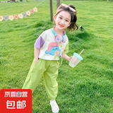 【女童夏季套装】2025新款洋气儿童衣服短袖裤子小女孩拼色两件 绿色 薄款 120 cm