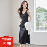 醋酸缎面吊带连衣裙女夏2025新款高级感气质轻奢休闲无袖背心长裙 黑色（单件连衣裙） XL