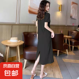 2025夏季新款中长款T恤宽松显瘦过膝短袖牛油果绿连衣裙 黑色 2XL