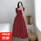 【赫本风】显瘦连衣裙女2025新款夏收腰小黑裙法式方领过膝长裙 红色 2XL