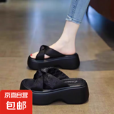 厚底增高凉拖鞋女夏外穿2025新款绝美蝴蝶结一字拖松糕软底沙滩鞋 黑色 37