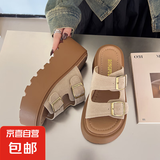 小个子勃肯拖鞋女外穿2025新款春夏松糕厚底凉鞋绝美一字博肯凉拖 卡其色 36