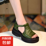 罗马凉鞋女2025夏新款坡跟厚底软底民族风复古鱼嘴松糕凉鞋女 绿色 37