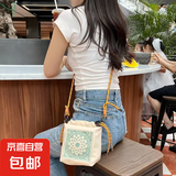 日系ins百搭刺绣束口小方包手机包女时尚尼龙包高级感单肩斜跨包 米色腰果花斜挎包/ 均码