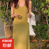 夏季法式肌理感舒适高弹显瘦新款吊带睡裙宽松大码家居服连衣裙 绿色吊带裙 均码 适合80-140斤