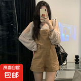 减龄气质设计感牛仔背带短裤女夏季薄款大码宽松显瘦连体裤胖妹妹 卡其色牛仔背带短裤单件 S
