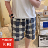 绵绸睡裤男士夏季人造棉外穿家居沙滩短裤宽松薄款五分大裤衩子 复古格子 XL (建议130-170斤)