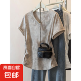 夏季新款扎染独特设计短袖t恤女大码宽松胖mm显瘦遮肚V领百搭上衣 K24-卡其色 2XL 建议体重130-150斤