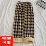 复古格子裤新款女阔腿裤保暖高腰直筒韩版学生休闲裤 咖格子 加绒 均码 (80-150斤)