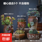 大口径拼盘多肉花盆陶瓷素烧透气个性粗陶桌面造景绿植手绘小花盆 暖心组合5个 【看图标注】