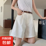 西装短裤女夏季韩版高腰宽松阔腿裤小个子休闲工装裤中裤五分裤子 白色 L