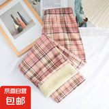 复古格子裤新款女阔腿裤保暖高腰直筒韩版学生休闲裤 粉红格 加绒 均码 (80-150斤)