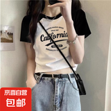 纯棉短款撞色短袖t恤女夏季2025新款内搭体恤辣妹外穿插肩上衣038 0227纯白拼黑 L 建议100-115斤