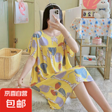棉绸睡裙女夏薄款2025新款睡衣韩版甜美少女网红家居外穿裙子QM 黄底小鹿2301 均码 (90-140斤内穿)