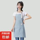 卡慕乐围裙家用工作时尚条纹棉麻围裙家用工作服 厨房罩衣 蓝色 均码