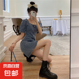 减龄气质法式牛仔连衣裙女2025夏季大码胖mm泡泡袖收腹显瘦背带裙 蓝色短款牛仔连衣短裙单件 S码（建议80-95斤）