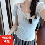 【美式纯欲】新款碎花假两件夏季辣妹风显瘦修身小众短袖T恤 蓝色 M 建议85-100斤