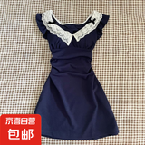法式气质蕾丝小飞袖连衣裙子女装夏季2025新款小个子收腰A字短裙 藏蓝色 M /45/55kg