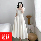【赫本风】显瘦连衣裙女2025新款夏收腰小黑裙法式方领过膝长裙 白色 XL