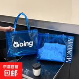 高颜值大容量糖果色购物袋透明手提包小熊帆布包 蓝色 1个 中号长31高27宽11