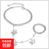 古风气质超仙铃铛蝴蝶手链戒指连体个性复古女手环指环一体式套装 银色