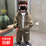 男童加绒两件套装2025新款洋气男宝宝秋冬款运动衣服儿童休闲外套 双兜套装-军绿色 130 （建议身高120-130cm）