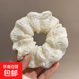 新款奶油泡芙大肠发圈女简约复古褶皱头花头绳丸子头皮筋气质发饰 米白奶油褶皱发圈