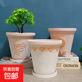 红陶花盆绿植盆栽透气陶瓷雾白浮雕花盆吸水透气香草盆 橄榄枝+香草+巴拉克（带托盘) 口径16*高14cm