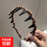 秋冬气质豹纹毛绒发箍女带齿洗脸压发头箍高颅顶防滑碎发整理发卡 细款豹纹发箍【深色】