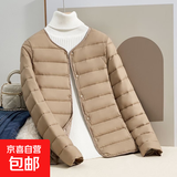 轻薄棉服女保暖内胆短款大码显瘦外套秋冬圆领外套女装 卡其色 2XL 建议80-110斤