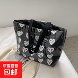 帆布包包女2024新款潮韩版百搭单肩手提包大容量托特包果冻透明包 黑色