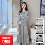 气质连衣裙女春夏季长袖碎花裙温柔风收腰系带蝴蝶结中长裙J8259 茶绿色 M （95-110斤）