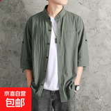 左斯客七分亚麻短袖衬衫男长袖2025夏季t恤休闲寸衣宽松大码立领 绿色（五分袖） C1020 2XL