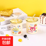 可爱卡通小熊玻璃杯ins风高颜值带吸管咖啡杯水杯情侣杯 绿色小怪兽玻璃杯 400ml 1只