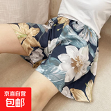 新款睡裤女夏款绵绸短裤人造棉沙滩裤速干印花宽松家居大码休闲裤 兰色百合 L 110-129斤