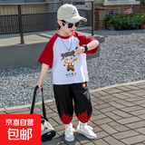 哪吒衣服男童夏季套装2026帅气儿童衣服T恤裤子男孩两件套3-6岁潮 红色 薄款 100 cm
