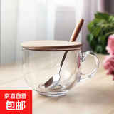 【采销推荐】超大容量玻璃防爆杯燕麦杯耐热茶色水杯牛奶杯家用 透明款杯+竹盖+木柄勺440ml1只 【单支装】